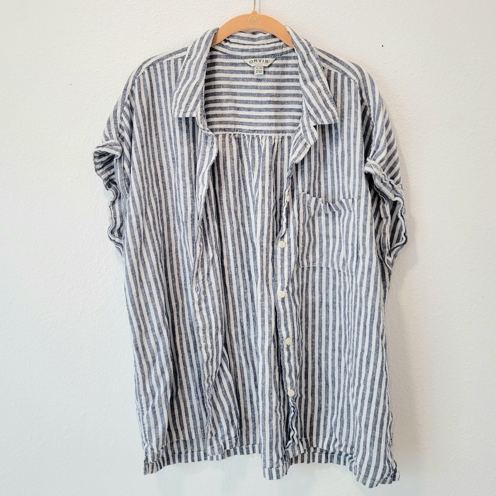 Orvis Womens XL Blue White Pinstripe Linen Button Up Shirt Cap Sleeve